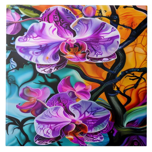 Lebhafte Orchideen mit farbenprächtigem Hintergrun Fliese (Vorderseite)