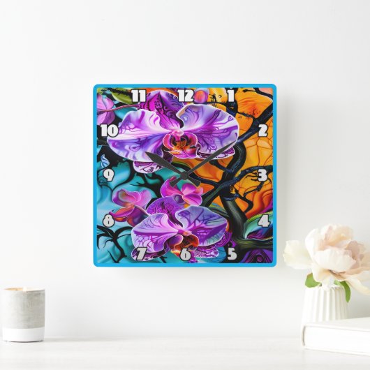 Lebhafte Orchideen mit farbenprächtigem Hintergrun Quadratische Wanduhr (Zuhause)