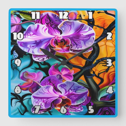 Lebhafte Orchideen mit farbenprächtigem Hintergrun Quadratische Wanduhr (Vorderseite)