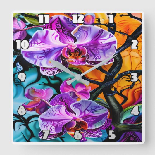 Lebhafte Orchideenblüten vor einem besonderen Hint Quadratische Wanduhr (Vorderseite)