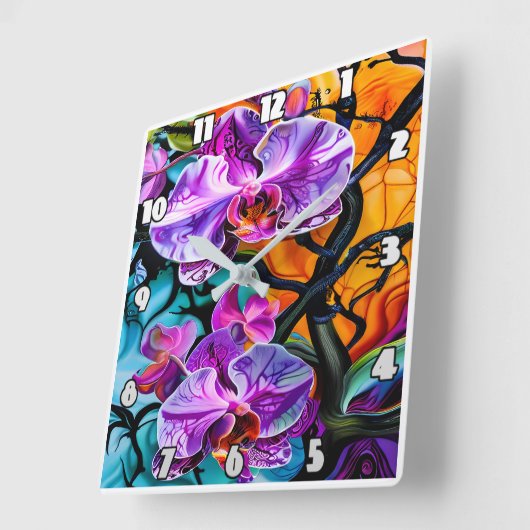 Lebhafte Orchideenblüten vor einem besonderen Hint Quadratische Wanduhr (Winkel)