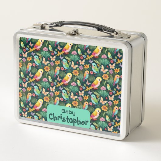 Lebhafte Papageien: Eine farbenfrohe Symphonie der Metall Brotdose (Vorderseite)