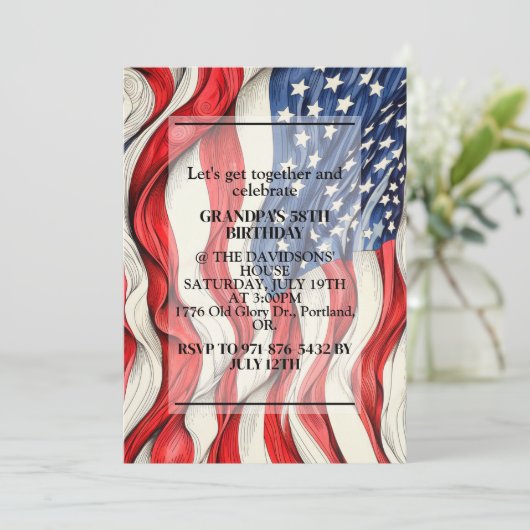 Lebhafte Patriotische Amerikanische Flagge Geburts Einladung (Stehend Vorderseite)