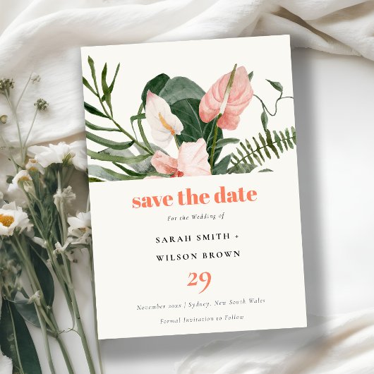 Lebhafte Peach Blush Boho Tropical Floral Wedding Save The Date