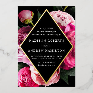 Lebhafte Peonies Diamant-Blütenrahmen Hochzeitsgol Folieneinladung