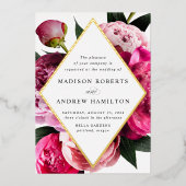 Lebhafte Peonies Diamant-Blütenrahmen Hochzeitsgol Folieneinladung (Vorderseite)