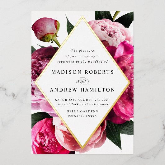 Lebhafte Peonies Diamant-Blütenrahmen Hochzeitsgol Folieneinladung (Vorderseite)