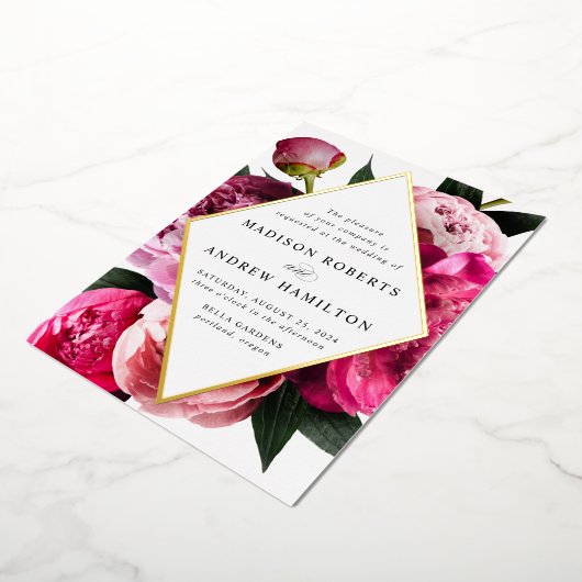 Lebhafte Peonies Diamant-Blütenrahmen Hochzeitsgol Folieneinladung (Gedreht)