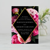 Lebhafte Peonies Diamant-Blütenrahmen Hochzeitsgol Folieneinladung (Stehend vorne)