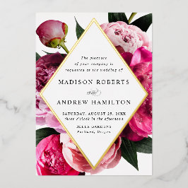 Lebhafte Peonies Diamant-Blütenrahmen Hochzeitsgol Folieneinladung