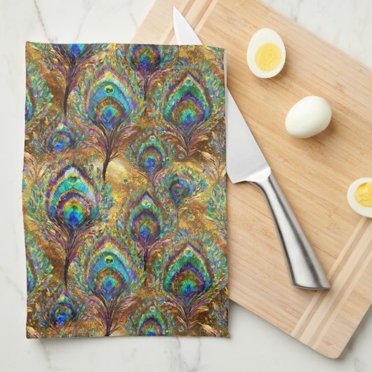 Lebhafte Pfauenfeathers auf Gold Geschirrtuch (Viertel Falte)