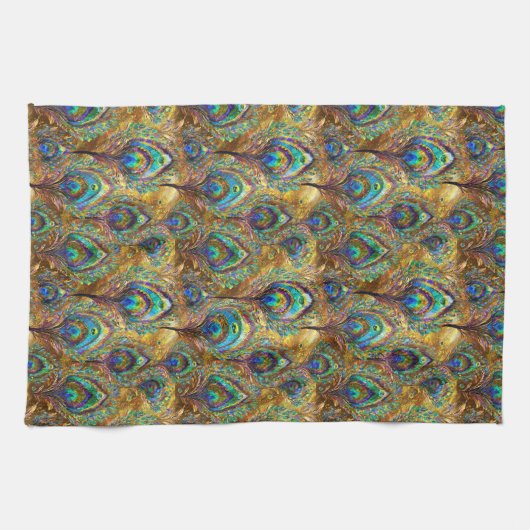 Lebhafte Pfauenfeathers auf Gold Geschirrtuch (Horizontal)