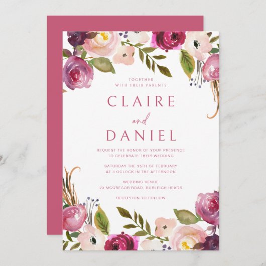 Lebhafte Pink-Aquarell-Blumenzeremonie Einladung (Vorne/Hinten)