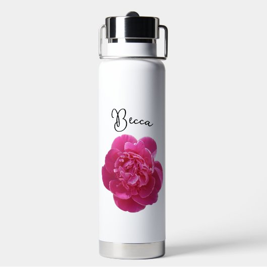 Lebhafte Pink Peony Blume Personalisiert Trinkflasche (Hinten)