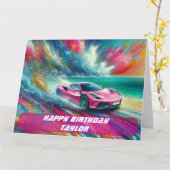 Lebhafte Pink Sportscar am Tropical Beach Karte (Gelbe Blume)