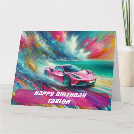 Lebhafte Pink Sportscar am Tropical Beach Karte