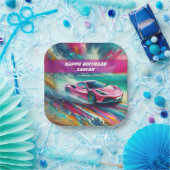 Lebhafte Pink Sportscar am Tropical Beach Pappteller (Party)