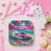 Lebhafte Pink Sportscar am Tropical Beach Pappteller (Party)
