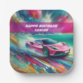 Lebhafte Pink Sportscar am Tropical Beach Pappteller