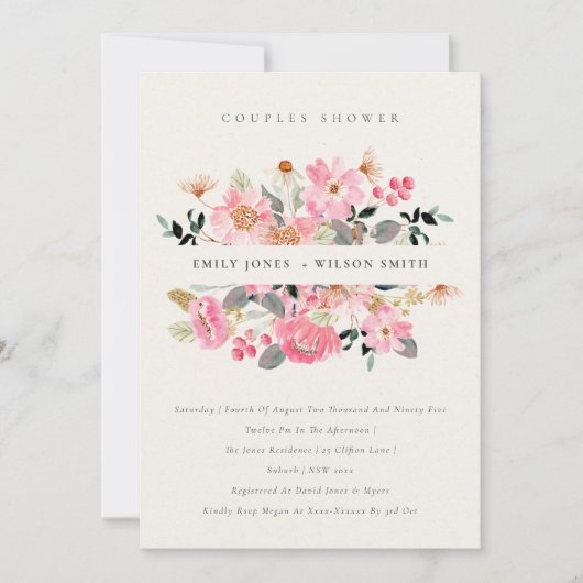 Lebhafte Pink Wasserfarbe Flora Paare Dusche laden Dankeskarte (Vorderseite)