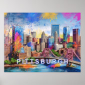 Lebhafte Pittsburgh Skyline, farbenfrohe urbane Ku Poster (Vorne)