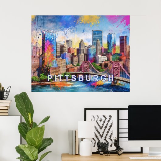 Lebhafte Pittsburgh Skyline, farbenfrohe urbane Ku Poster (Heimbüro)
