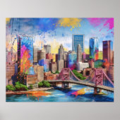 Lebhafte Pittsburgh Skyline, farbenfrohe urbane Ku Poster (Vorne)