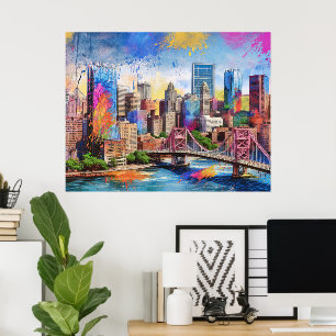 Lebhafte Pittsburgh Skyline, farbenfrohe urbane Ku Poster