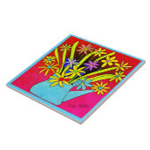 Lebhafte psychedelische Blume in einer blauen Vase Fliese (Seite)