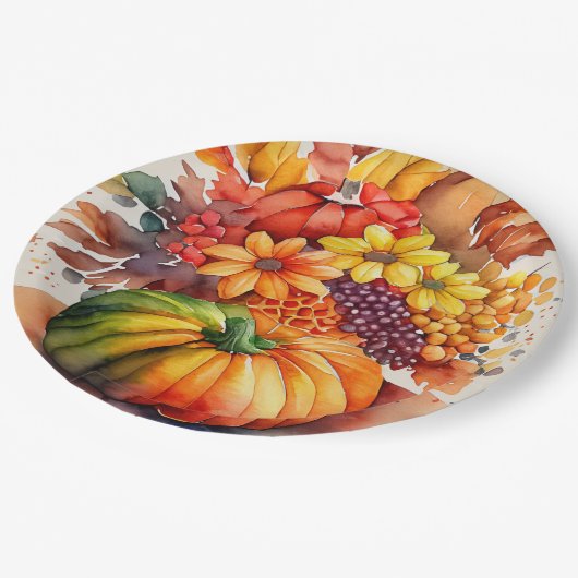 Lebhafte Pumpkin Bouquet Gold Herbsternte Pappteller (Schrägansicht)