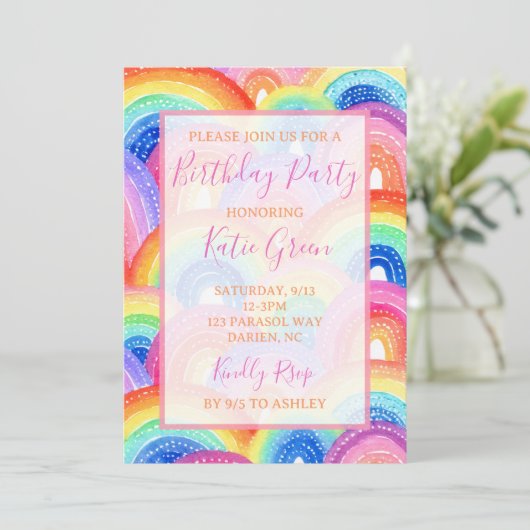 Lebhafte Rainbow-Geburtstagsparty Einladung (Stehend Vorderseite)