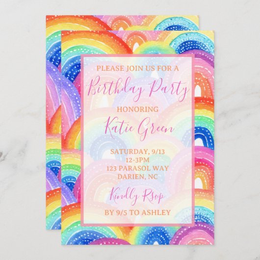 Lebhafte Rainbow-Geburtstagsparty Einladung (Vorne/Hinten)