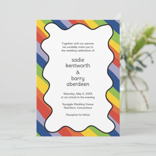 Lebhafte Rainbow Squiggle Frame Modern Wedding Einladung (Stehend Vorderseite)