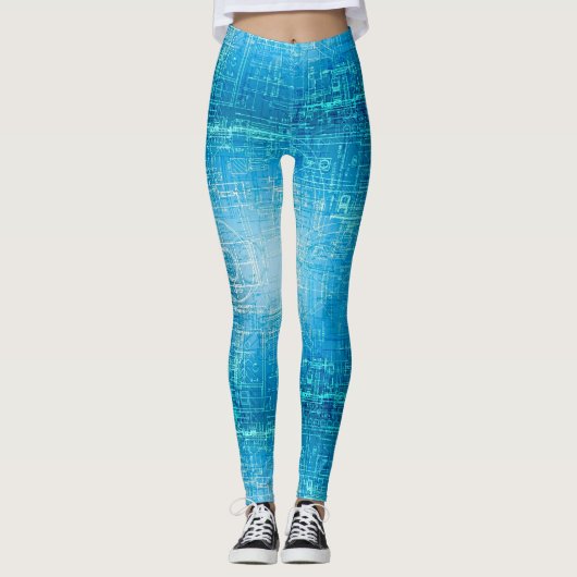 Lebhafte Retro Blueprint Leggings (Vorderseite)