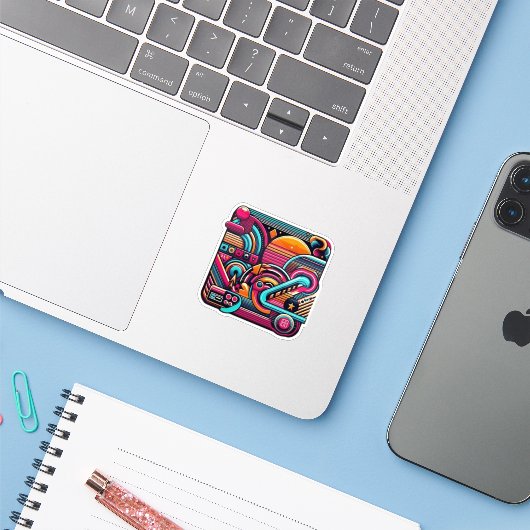 "Lebhafte Retro Neon Geometric" Aufkleber (Laptop mit iPhone)