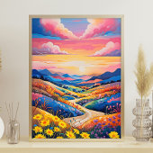 Lebhafte Rolling Hills Sonnenblumen Malerei Poster