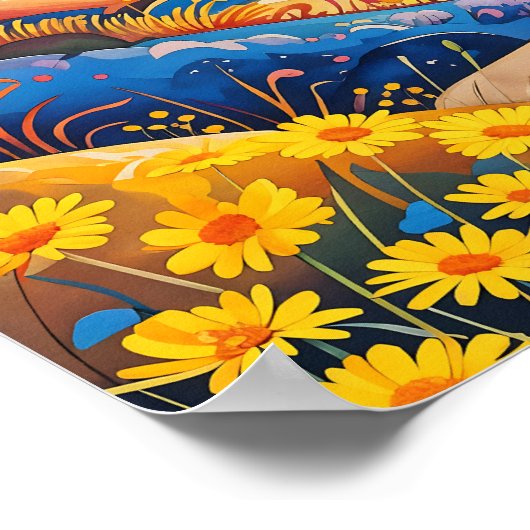 Lebhafte Rolling Hills Sonnenblumen Malerei Poster (Ecke)