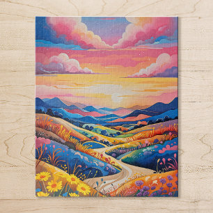 Lebhafte Rolling Hills Sonnenblumen Malerei Puzzle
