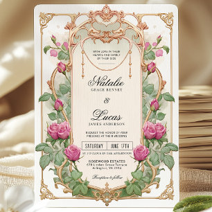 Lebhafte Rosa Blumengrün Einladung zur Hochzeit
