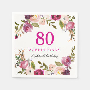 Lebhafte rosa Botanische Flora 80. Geburtstagspart Serviette