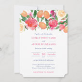 Lebhafte rosa Florals Citrus Dark Blue Tile Hochze Einladung (Vorderseite)