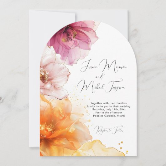Lebhafte Rosa Orangefarbene Hochzeit der Blumenzun Einladung (Vorderseite)