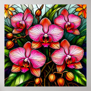 Lebhafte rosa Orchideen in festem Glas Poster