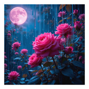 Lebhafte rosa Rosen in einem beleuchteten Regengar Fotodruck