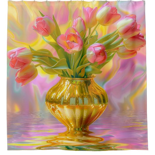 Lebhafte rosa Tulips in der goldenen Vase Duschvorhang (Vorderseite)