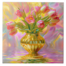 Lebhafte rosa Tulips in der goldenen Vase