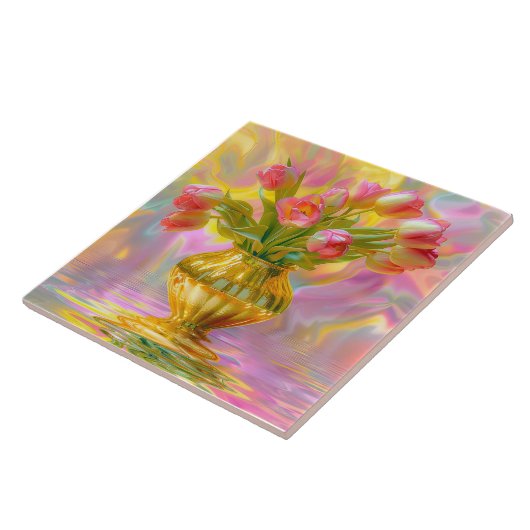 Lebhafte rosa Tulips in der goldenen Vase Fliese (Seite)