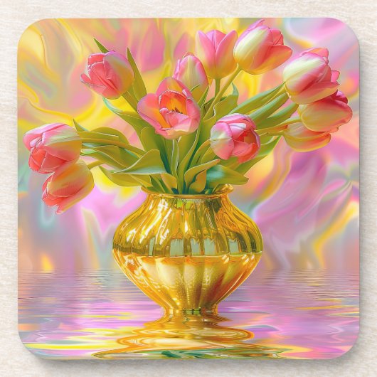 Lebhafte rosa Tulips in der goldenen Vase Getränkeuntersetzer (Vorderseite)