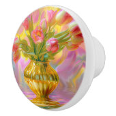 Lebhafte rosa Tulips in der goldenen Vase Keramikknauf (Rechts)