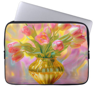 Lebhafte rosa Tulips in der goldenen Vase Laptopschutzhülle